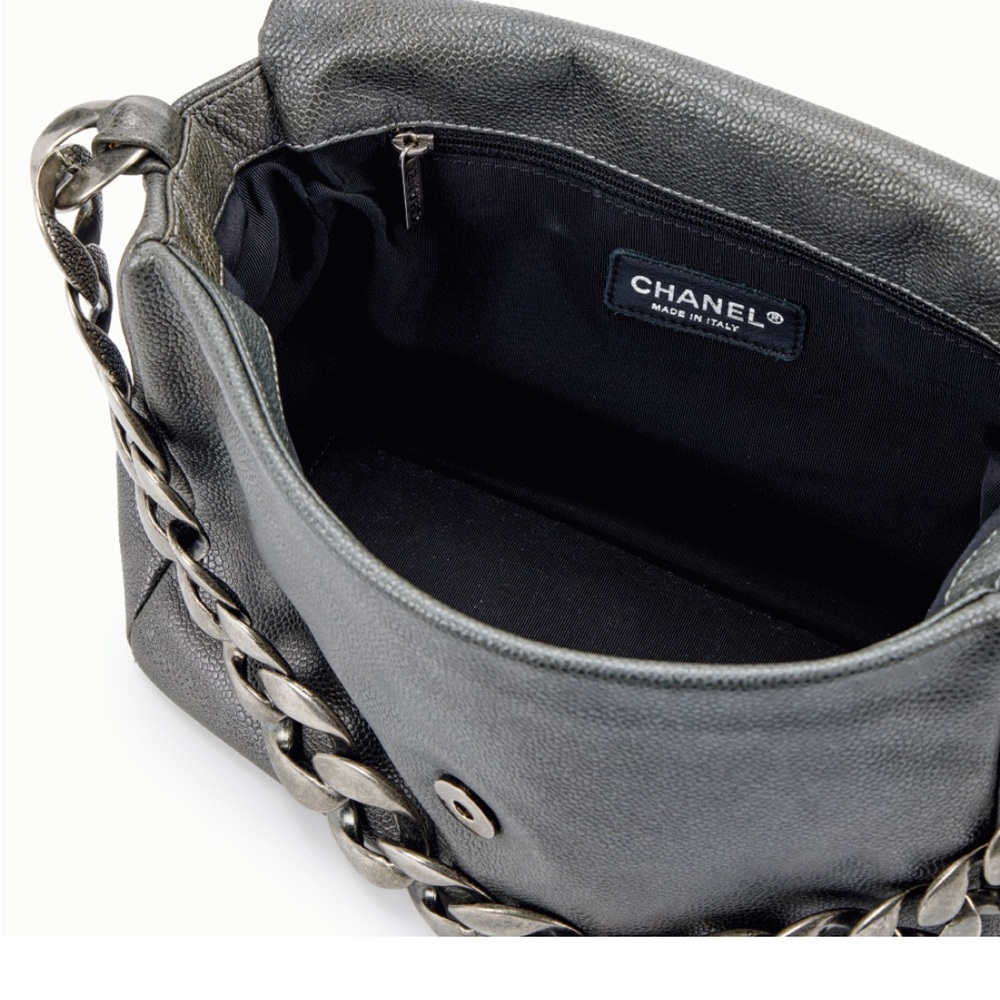 Chanel | Graphite Caviar CC Chunky Chain Single Flap Bag Silver 2009 Vintage - Picture 7 of 7